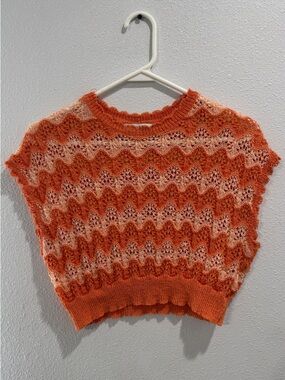 Orange Chevron Lace Knit Short Sleeve Sweater Top